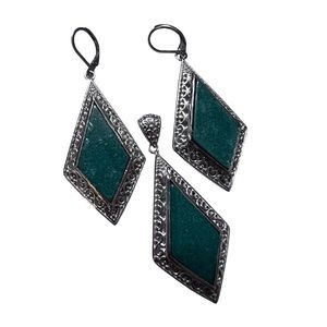 Malachite Special 3 pc “kite” pattern EARRINGS & PENDANT on stainless steel